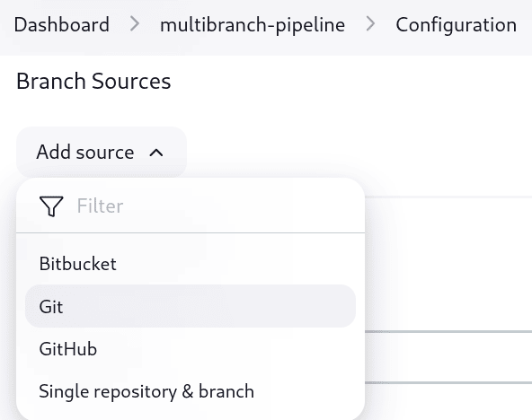 Configure page of 'multibranch-example' pipeline. In the 'Branch Sources' section 'Git' is selected from the 'Add Source' dropdown menu.